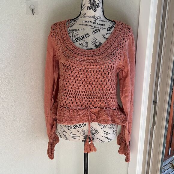 NWT Free People Megan crochet coral sand top L - Picture 5 of 15